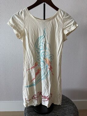 Ed Hardy Cream Tee Dress with Blue Swirl and Coral Accents